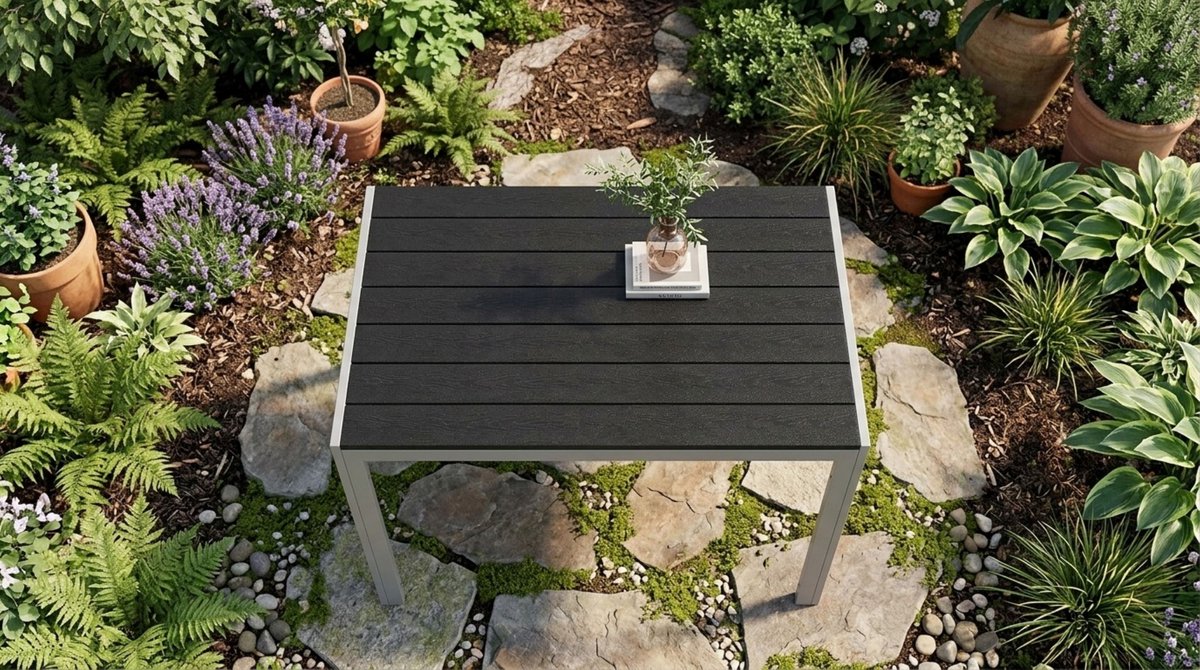 Tuintafel - Meuble Paris Aluminium WPC Balkontafel 110 x 70 cm - Weerbestendige Outdoor Eettafel voor 4-6 Personen - Rechthoekige Terrastafel - Zilvergrijs - Lichtgewicht, Roestvrij & Onderhoudsarm