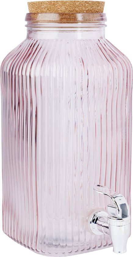 Roze glazen sapdispenser met verticale ribbels en een kurken deksel.