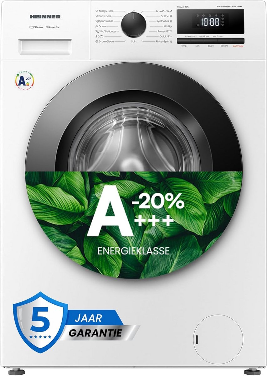 Heinner HWM-HME8014IVA20+++ Wasmachine 8 kg – 1400 tpm – 15 Programma’s met Stoomfunctie – Allergievriendelijk – Energieklasse A-20% – Wit – 5 Jaar Garantie