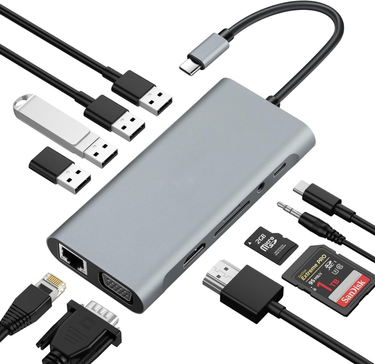SNJY® Docking Station Laptop - USB-C Hub - Docking Station USB-C - 11-in-1 - 100W - Grijs