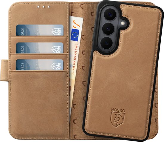 Coque Rosso Elite Compatible avec Samsung Galaxy S26 | Compatible avec MagSafe / Qi2 | Étui folio et coque arrière | Amovible magnétiquement | Étui de protection en cuir véritable avec porte-cartes | Brun clair