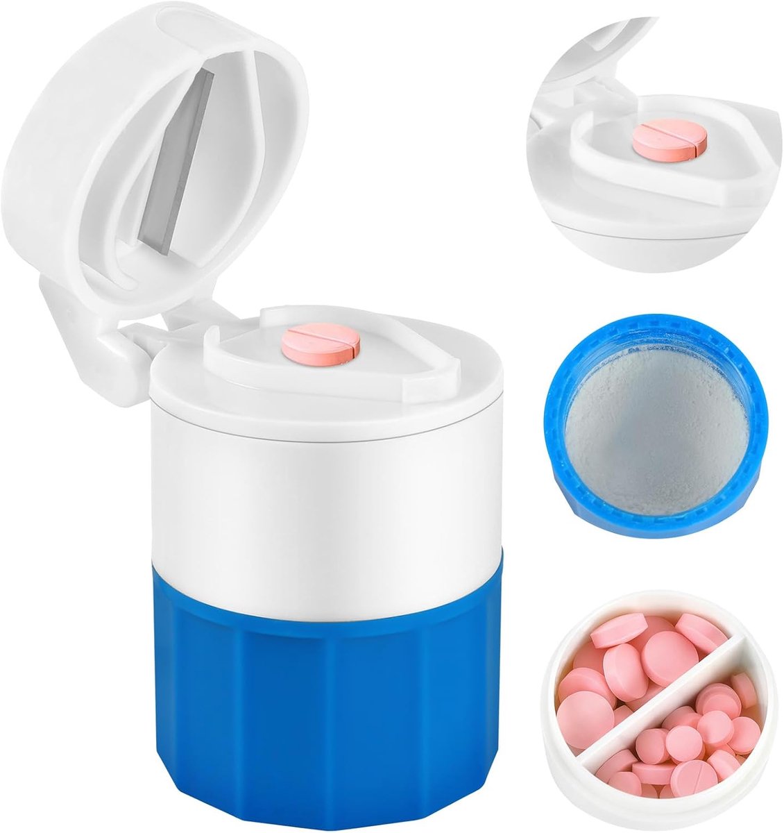 Pillenvergruizer 4-in-1 - pillensnijder en opbergdoos - voor kleine en grote tabletten - draagbaar voor ouderen, kinderen, huisdieren en reizen - wit en blauw