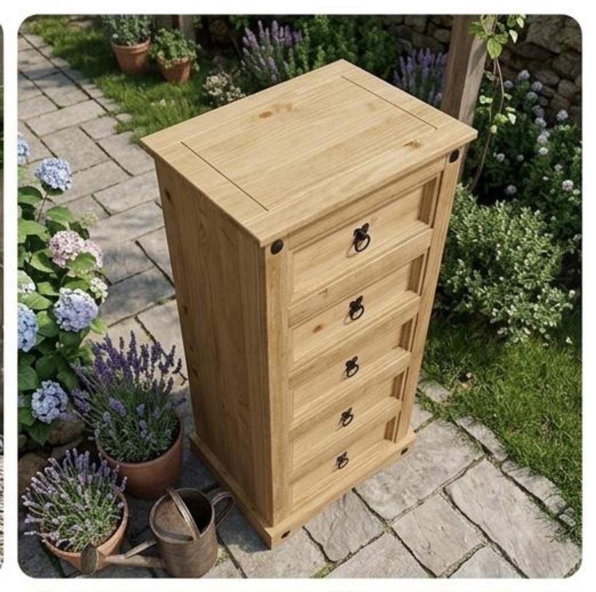 Commode Smal met 5 Laden 95x48x35 cm – Massief Grenenhout Ladekast Rustiek Bruin Dressoir voor Slaapkamer en Woonkamer – Urbanhome
