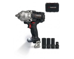 PARKSIDE PERFORMANCE® Accu-slagmoersleutel 20V zonder accu - Koppel los: max. 1898 Nm - Koppel: max. 1356 Nm - Toerental: 0/1.550 tpm - Koppel: 3 niveaus - Inbegrepen accessoires: 3 dopsleutel (½\" opname (17/19/21 mm), 1 adapter (½" op ¾")
