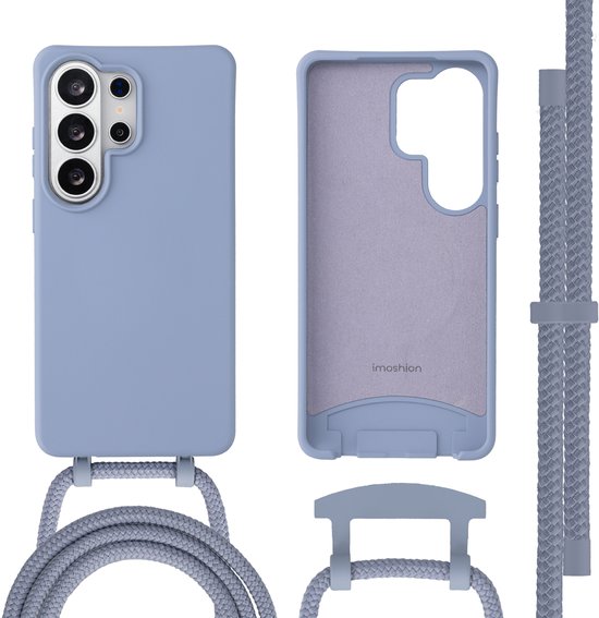Lichtblauwe telefoonhoes met koord, binnenzijde en losse koordbevestiging.
