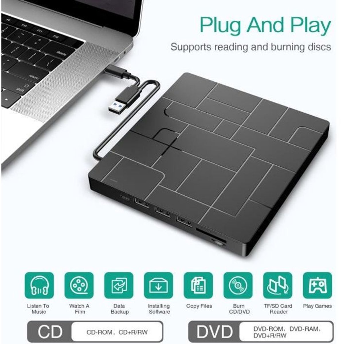 Externe USB 3.0- en Type-C-cd-drive, externe cd/rw/rom-brander, snelle gegevensoverdracht.