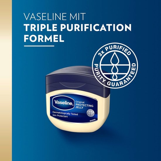 Vaseline Original Protecting Jelly met '3x Purified Purity Guaranteed' zegel. "VASLINE MIT TRIPLE PURIFICATION FORMEL"
