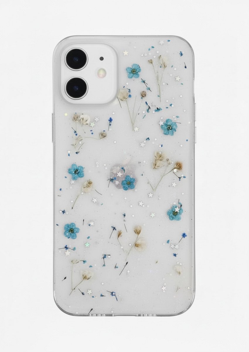 Iphone 13 telefoonhoesje - gedroogde bloemetjes - blauw