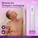 Man met gesloten ogen in witte stof, naast een penispomp. Iconen tonen natuurlijke grip en comfortabele ervaring.