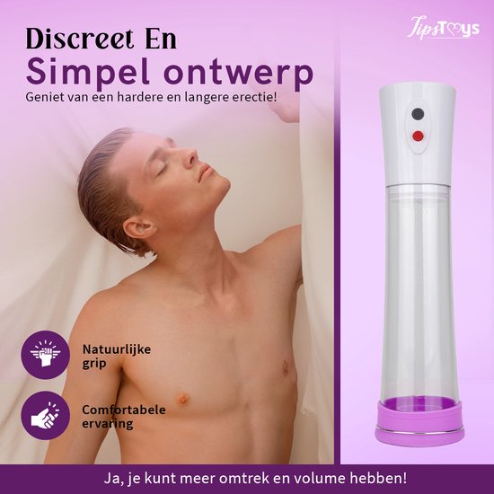 Man met gesloten ogen in witte stof, naast een penispomp. Iconen tonen natuurlijke grip en comfortabele ervaring.