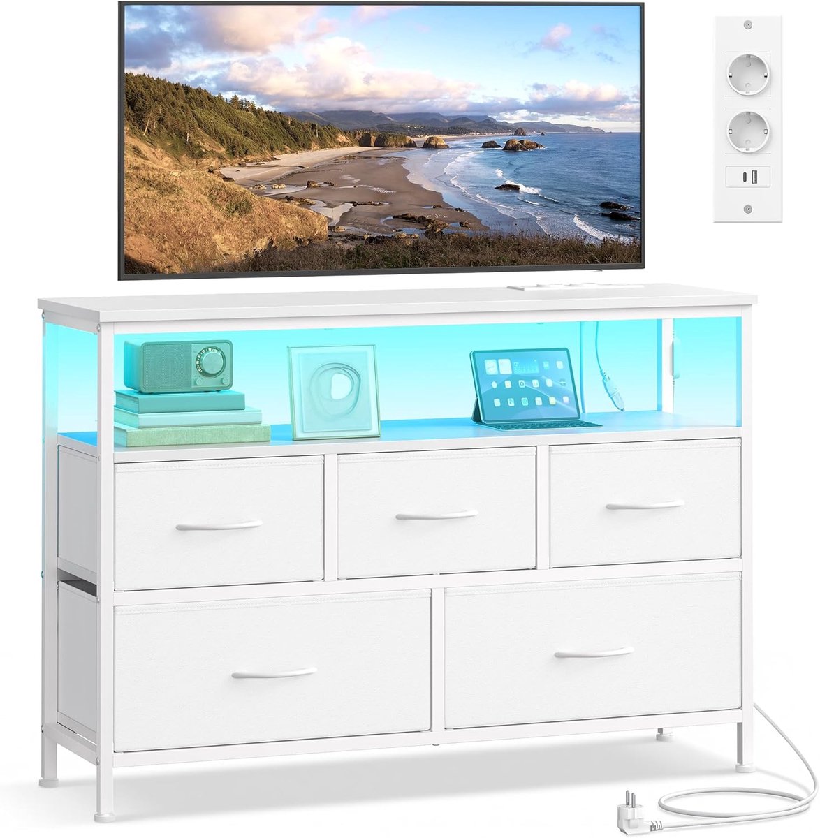 SONGMICS BELLAH LGS723WH01 TV kast met stopcontacten, 1 plank, 5 laden, modern, cloud wit