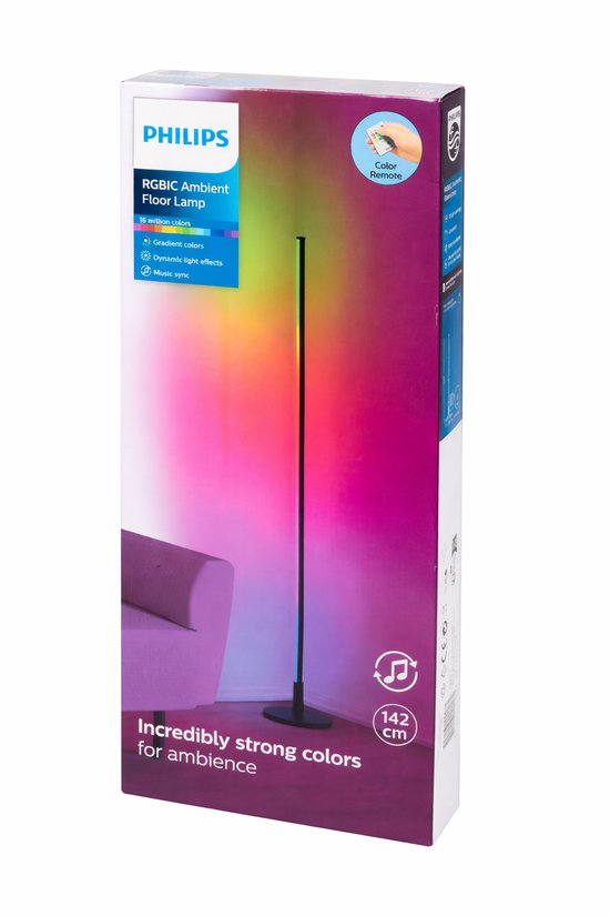 Philips vloerlamp 140 cm - RGBIC-technologie: meerdere kleuren tegelijk voor een gaaf effect - Synchroniseert op je muziek - Inclusief afstandbediening