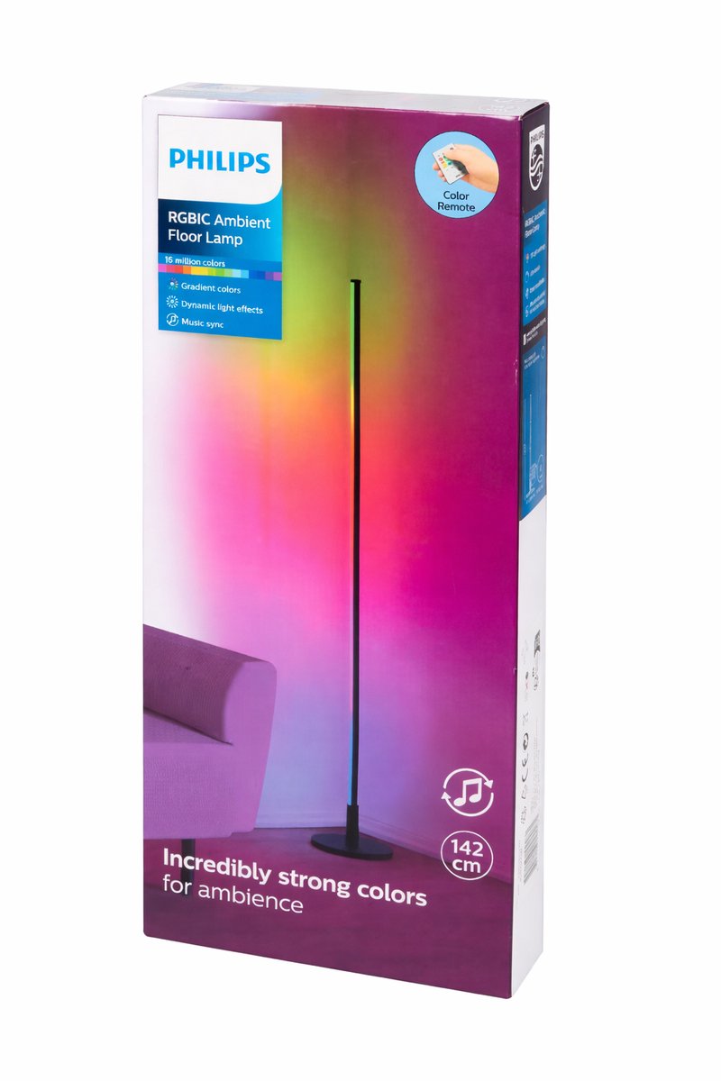 Philips vloerlamp 140 cm - RGBIC-technologie: meerdere kleuren tegelijk voor een gaaf effect - Synchroniseert op je muziek - Inclusief afstandbediening