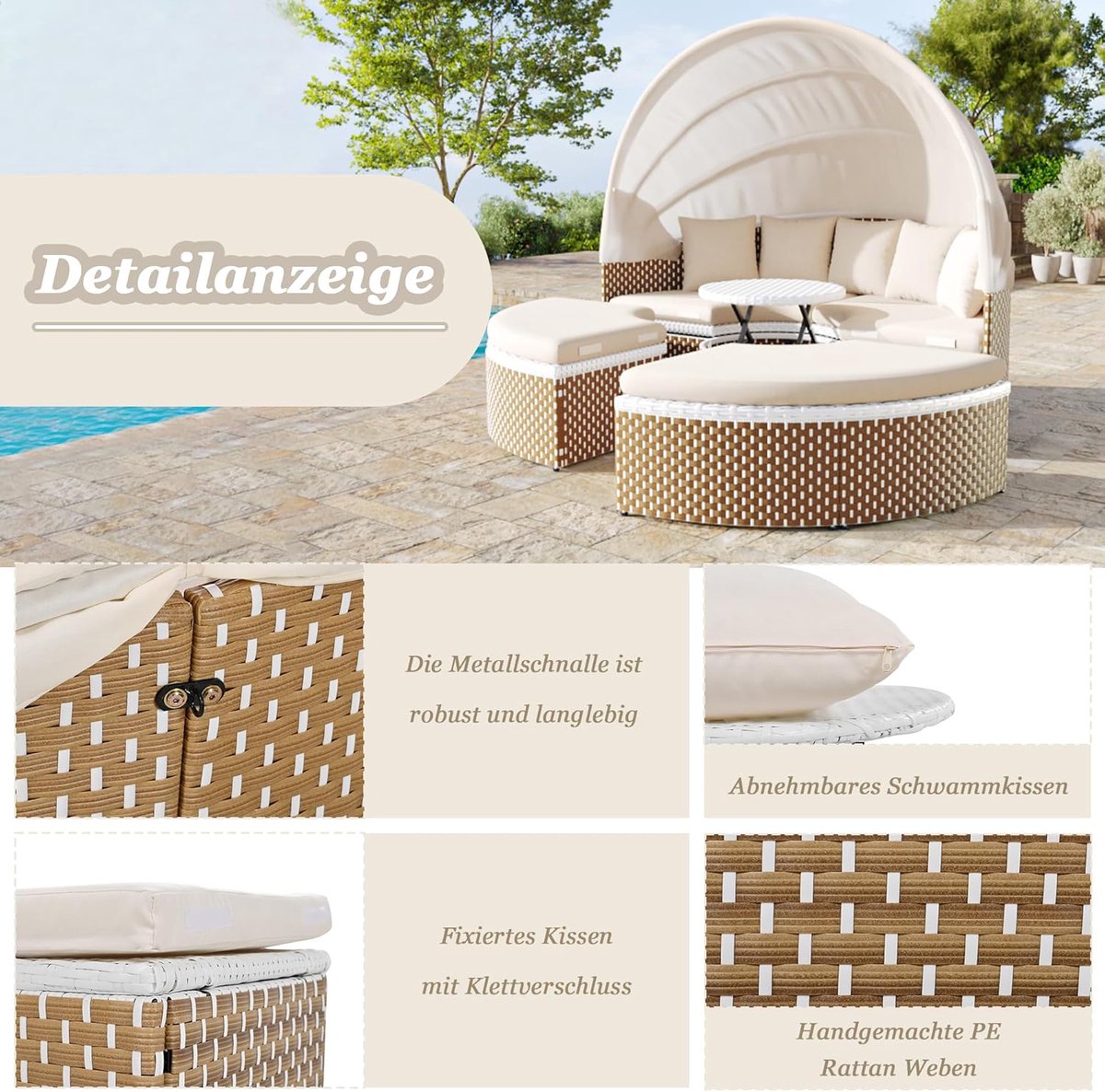 Zonne-eiland tuinset met luifel – ABTkantoor Luxe Rotan Lounge Set 4-in-1 Schelp Daybed 2–4 Persoons met Uitschuifbaar Dak, Opklapbare Tafel & 6 Kussens – Weerbestendig PE Rotan Tuinmeubel Beige