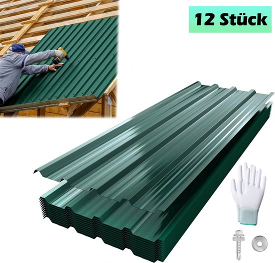 Stapel groene trapezium dakplaten, met een man die er een schroeft. Inclusief schroeven en handschoenen. '12 Stück'.