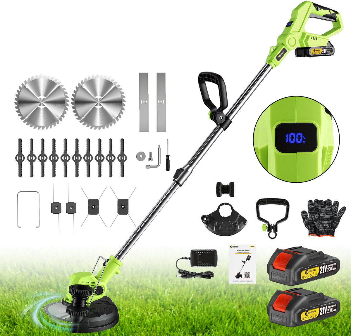 CONENTOOL 5-in-1 Bosmaaier Grastrimmer - 21V 800W Draadloze Grasmaaier met 2 Accu's & LED Display, 8 Inch Snijdiameter, Verstelbare Lengte, voor Tuin & Gazon