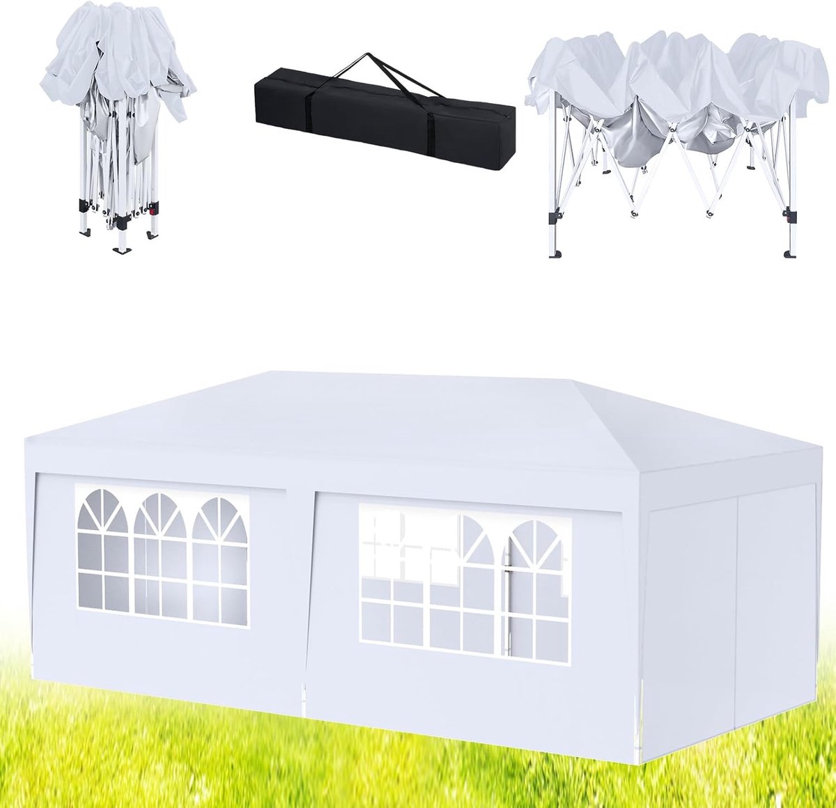 Aufun Tuinpaviljoen 3x6m inklapbaar met 6 zijwanden, 4 met ramen en 2 met rits, UV-bescherming voor buiten en kamperen, wit