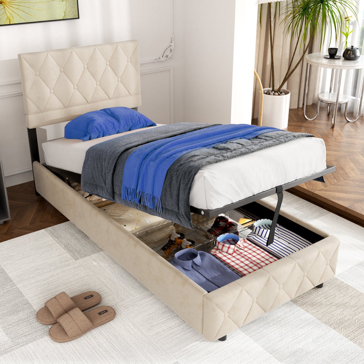 REDOM Eenpersoons Opbergbed (90x200) - Hydraulisch Bedframe met Bloem Hoofdbord - Luxe Velvet / Fluweel - Beige / Crème
