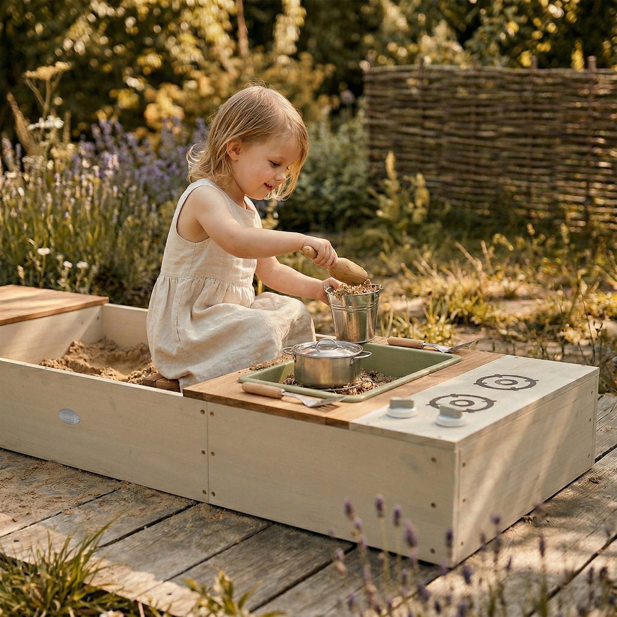 AXI Pippa Zandbak met speelkeuken en opbergbank 160 x 50 cm Beige/bruin – FSC 100% hemlock hout – Met Zand en Waterbak – Met 6-delige Speelgoed Kookset – Met Hoes en Grondzeil – 10 jaar garantie — afbeelding 8