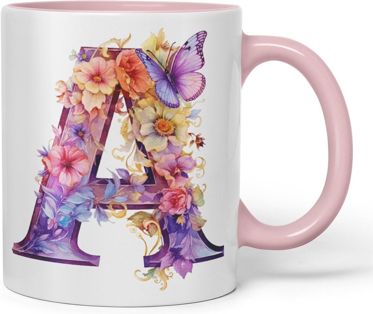 Letter A mok - Monogram beker - Warme dranken genieten - Bloemen vlinder design - 330 ml - Roze