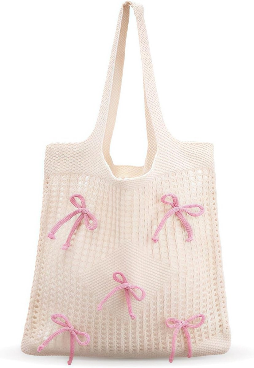 Grote Strandtas met Roze Strik voor Vrouwen, Lichtgewicht Tote Bag voor Winkelen, Vakantie en Dagelijks Gebruik