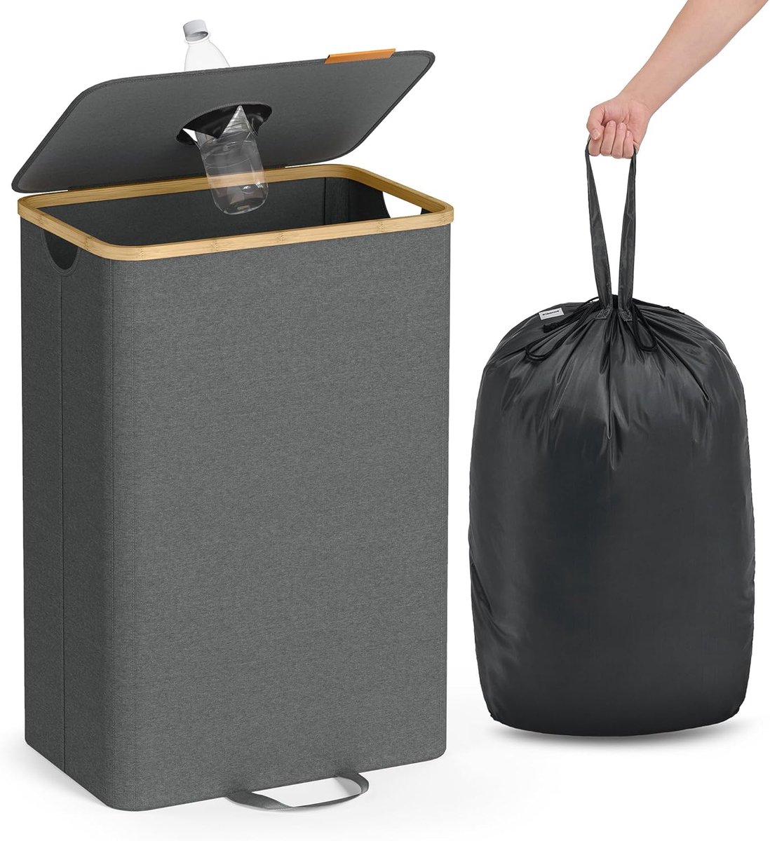 SONGMICS Statiegeldflesinzamelbak, 95 liter statiegeldflescontainer, flessenverzamelaar voor lege flessen, recyclingbak, met gat, deksel, binnenzak met handgrepen, leigrijs-natuurbeige RRB509G01
