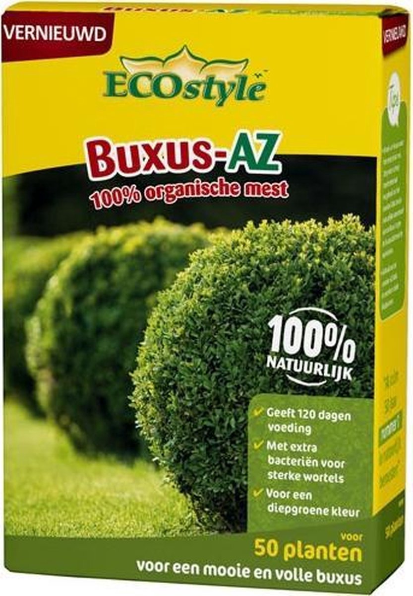 ECOstyle Buxus-AZ Meststof rijk aan Stikstof - 4 maanden Voeding - Organische Plantenvoeding - Extra sterke Wortels - Diepgroene Kleur - Voor 50 Planten - 1,6 KG