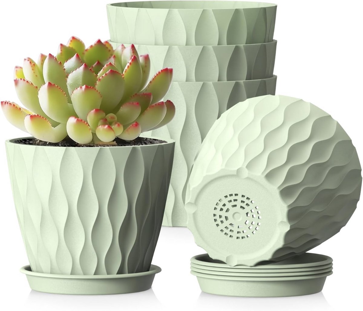 Set van 5 Groene Bloempotten 10,2 cm | Kleine Plastic Plantenpotten met Afvoergaten en Schotels | 3D Wave Textuur | Voor Vetplanten, Cactus en Kamerplanten