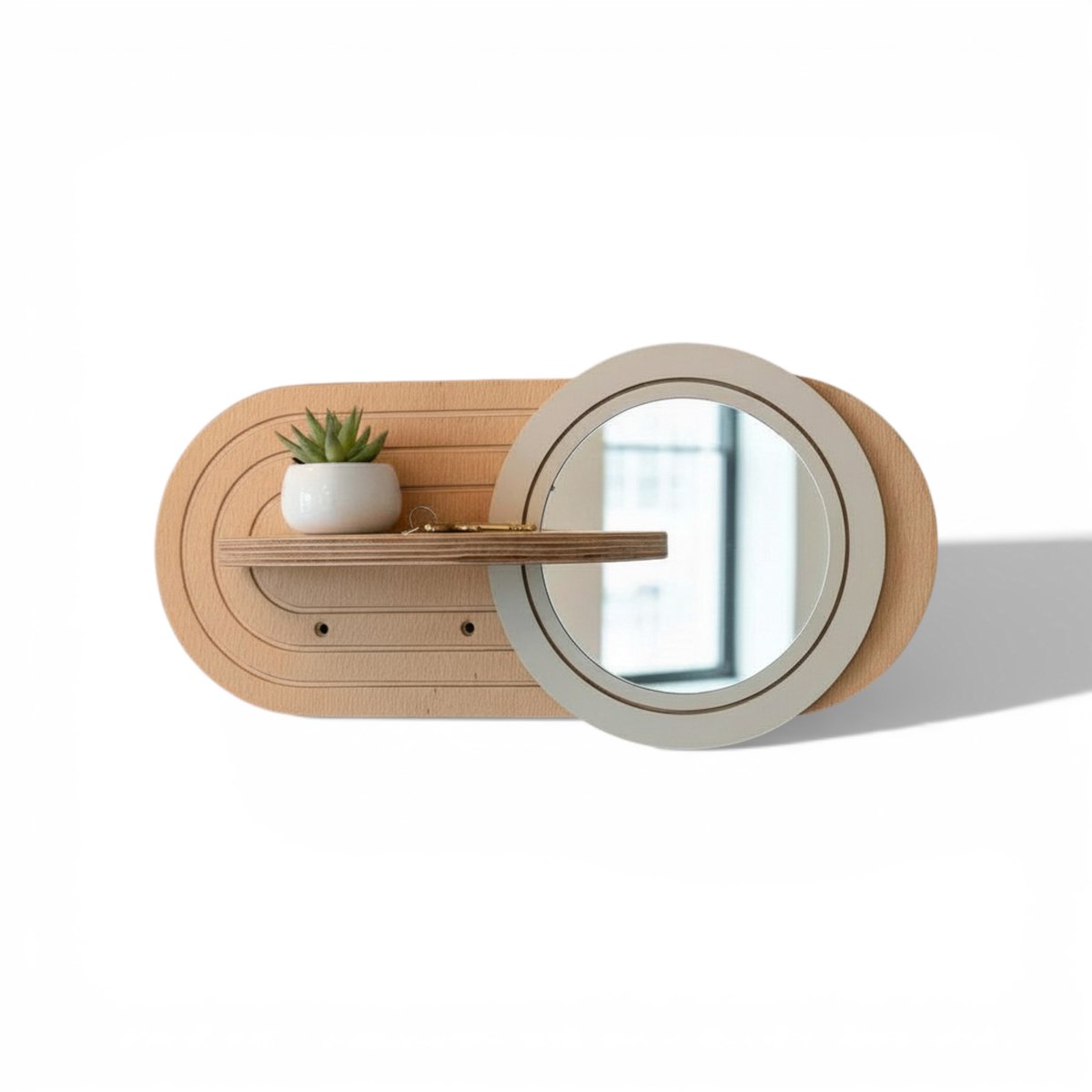 Houten Wandplank met Spiegel | Design Wandplankje | Beukenhout & MDF | Naturel | 46x22x13