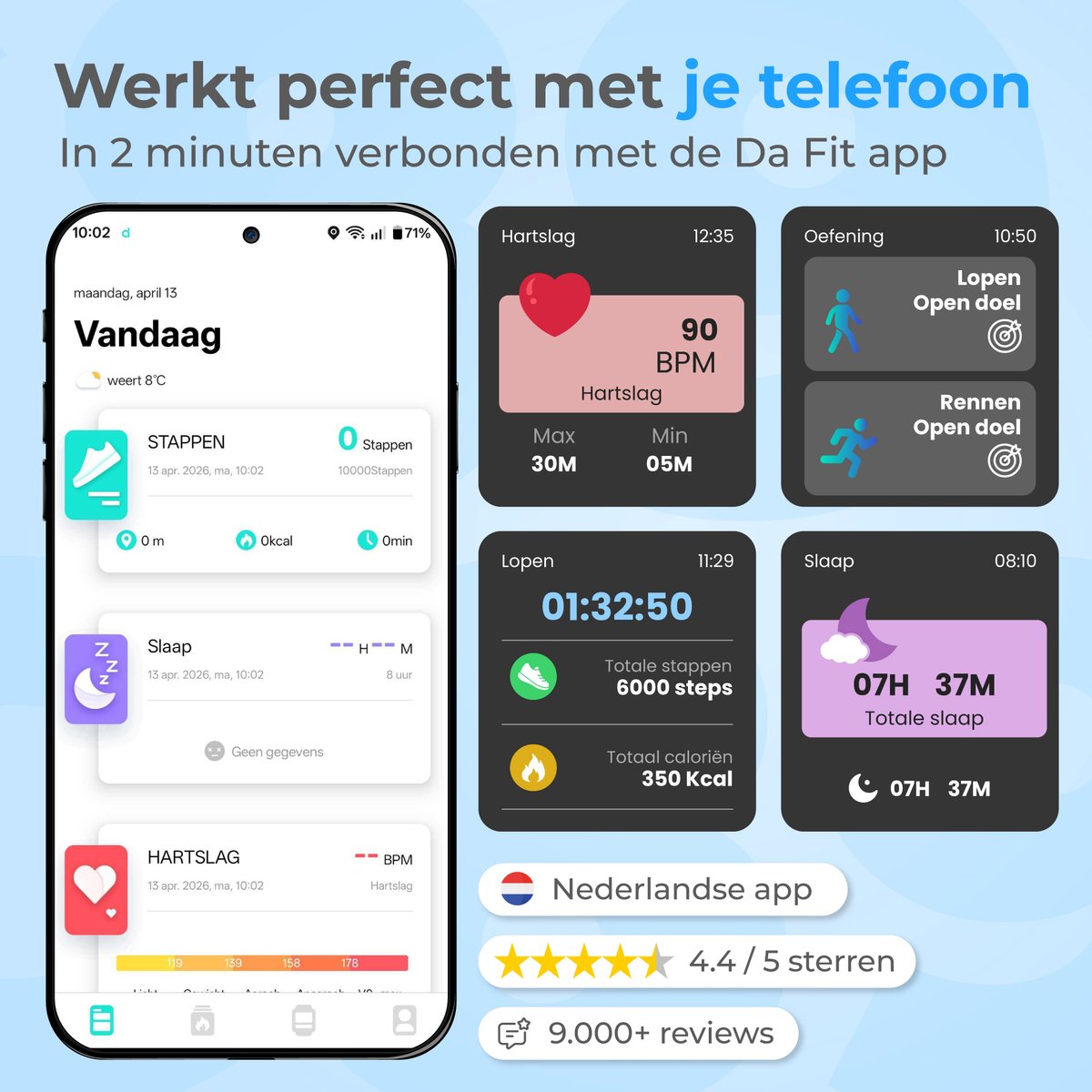 Nuvance Smartwatch Heren & Dames met Stappenteller - Zwart - afbeelding 3