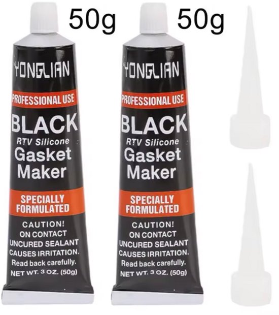 Twee tubes zwarte "BLACK RTV Silicone Gasket Maker" van 50g met witte doppen en twee witte spuitmondjes.
