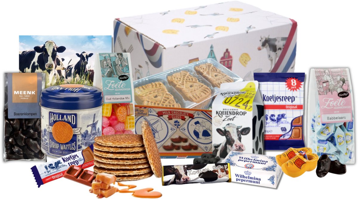Holland pakket - Koe en Klomp - Oud Hollands snoep - Stroopwafels - Speculaas - Hollandse souvenirs - Drop - Snoep pakket - Chocola - Hollandse cadeautjes