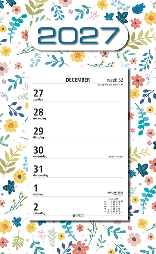 MGPcards - Week Scheurkalender 2027 - Week begint op zondag - 21 x 34 cm - Wit - Bloemen