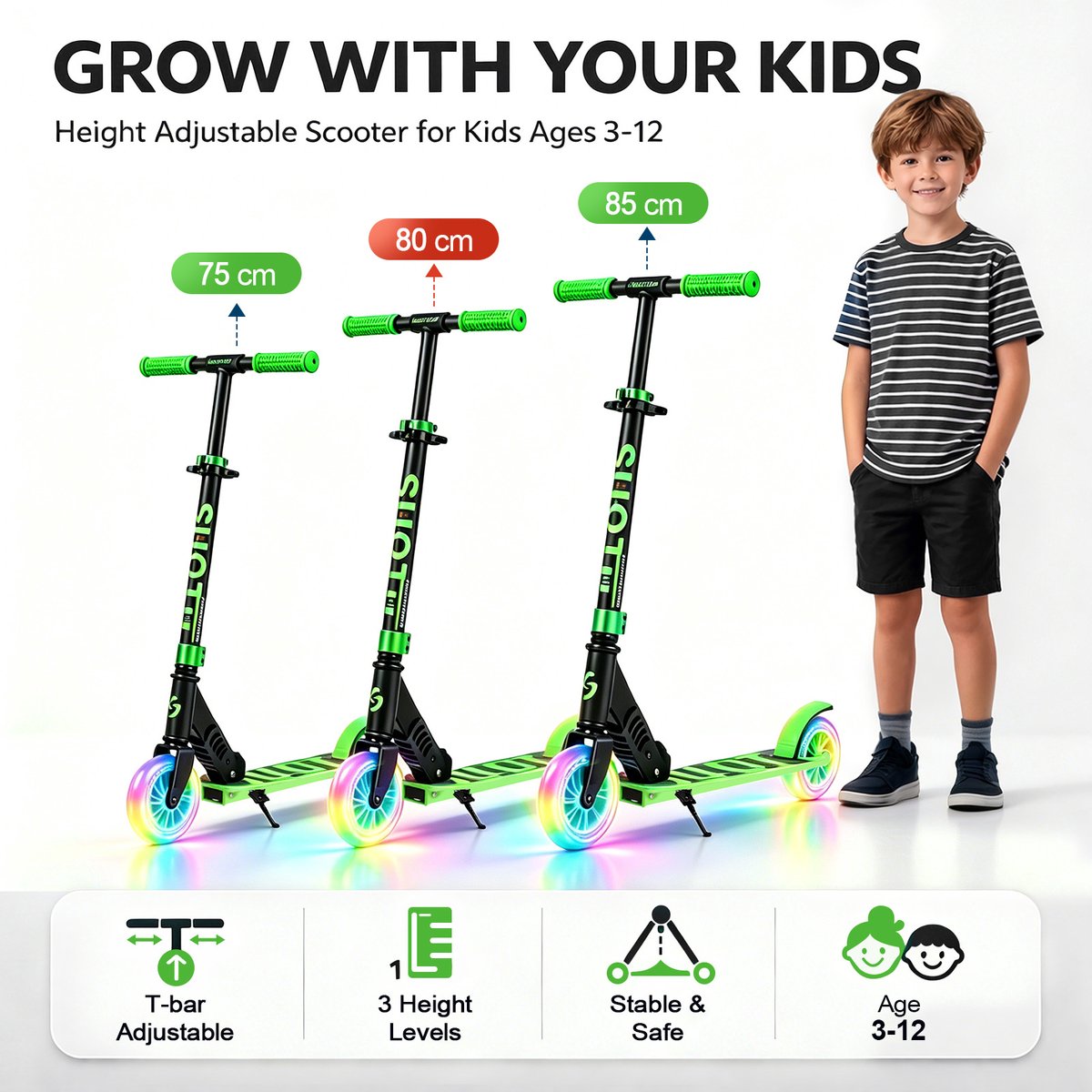 Suotu Kinderstep - 145mm Lichtgevende Wielen - Step - Speelgoed Jongens/Meisjes - Max stuurhoogte: 85 cm - Aluminium - Zwartgroen — afbeelding 4