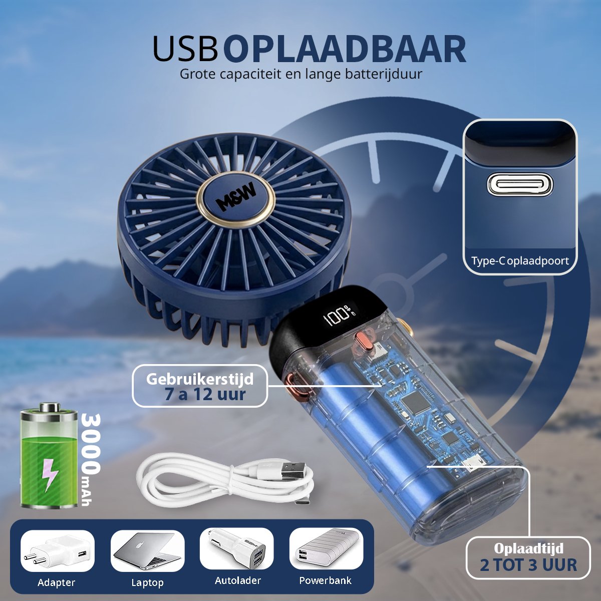 Draagbare Elektrische Hand Ventilator - Airco Verkoeling - Mini Tafelventilator - 5 standen USB Oplaadbaar - Zomer Cadeau Blauw — afbeelding 4