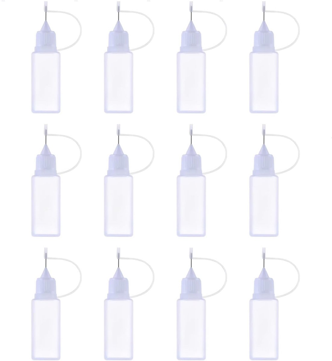 12-stuks Lijmfles - Geperforeerde fles - Kitfles - Kunststof knijpfles met druppelaar - 8,05 x 2,09 cm - Inhoud 10 ml - Met naald - Nauwkeurige dosering - Draagbaar en compact - Geschikt voor lijmen, vloeistoffen en oliën - Wit