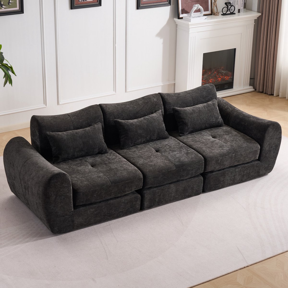 Multifunctionele Chenille Slaapbank – Opvouwbaar – Geschikt voor 3 Personen – Met 3 Kussens en Armleuningen – Comfortabel 3-in-1 Ontwerp – Te Gebruiken als Sofa, Ligstoel en Logeerbed – Ideaal voor Appartementen of Kleine Ruimtes – Zwart