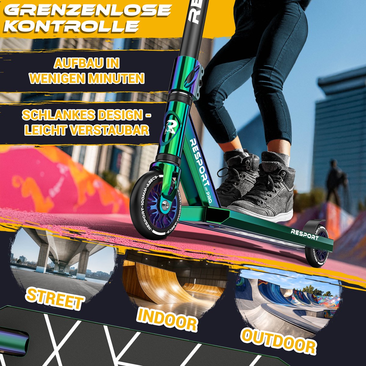 RE:SPORT Revo Pro Stuntstep, voor kinderen en volwassenen, met standaard, 110 mm, PU-wielen en Y-bar, ABEC 9 kogellagers, cybergroen