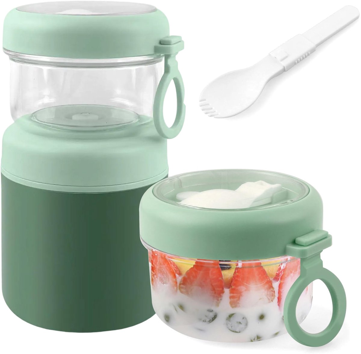 GOODEVN RVS Yoghurtbeker 860 ml - Lekvrije Ontbijtbeker met Lepel - Isolerende Soepbeker voor Overnight Oats & Lunch - Vaatwasserbestendig - Groen