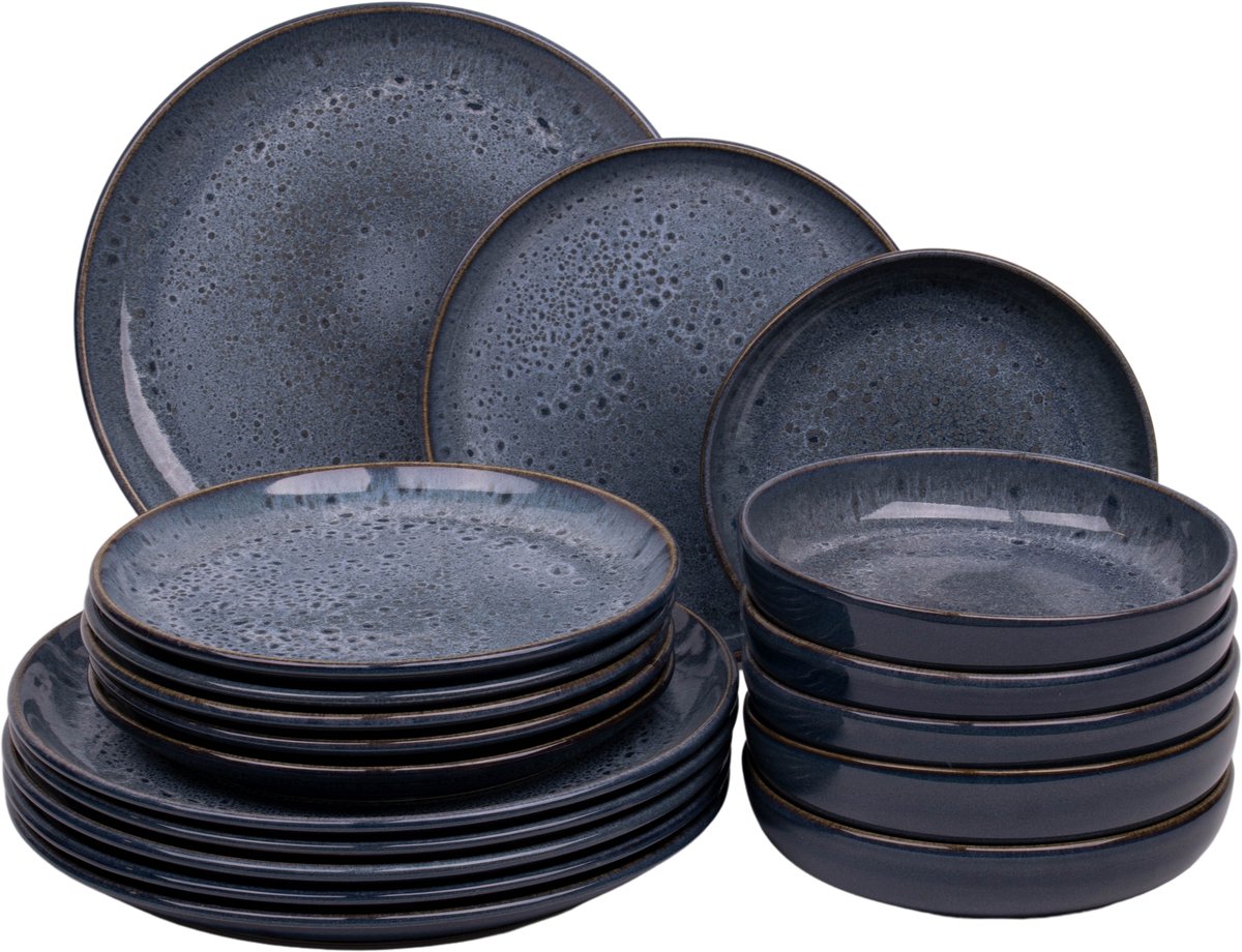 18 delige serviesset - 6 persoons - Amadora - blauw met aqua look - Portugees stoneware