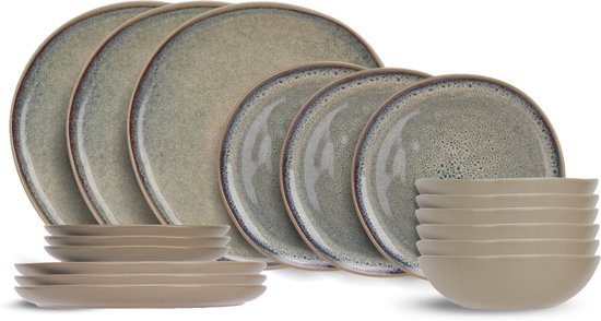 Service de table Cosy & Trendy Oona Sand Green - 18 pièces / 6 personnes - 6 assiettes plates, 6 assiettes à petit-déjeuner et 6 assiettes creuses