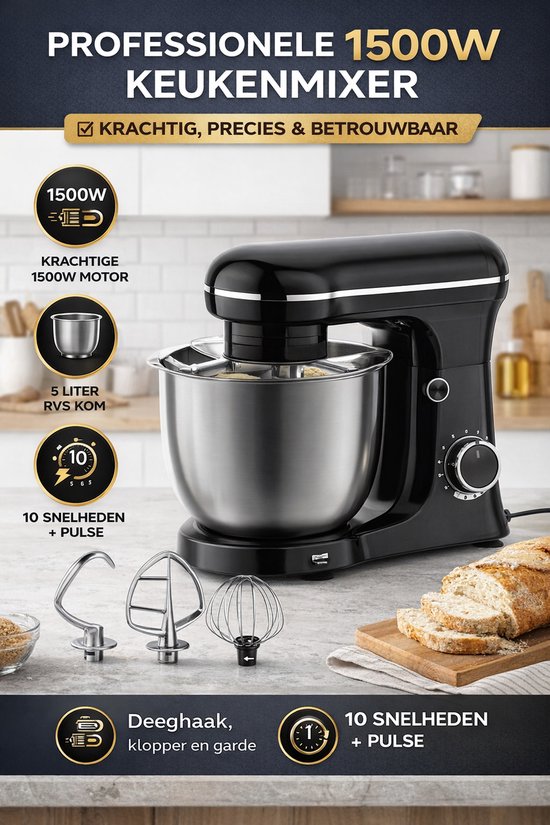 Jurrys Keukenmachine 1500W - Keukenmixer met 5L RVS Kom - 10 Snelheden - Inclusief Deeghaak, Garde & Klopper - Foodprocessor van Merkloos — afbeelding 2