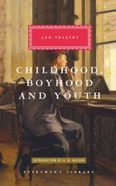 Couverture du livre 'Childhood, Boyhood and Youth' de Leo Tolstoy. Un jeune homme portant une casquette et un pantalon à carreaux est assis à un bureau.