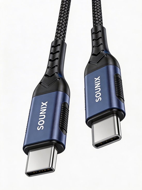 Sounix USB C kabel met E-marker - USB C 3.2 Gen 2 - 20Gbps - 8K60Hz - 5A 100W Snellader - Datakabel en Oplaadkabel - 2 Meter - Nylon - Zwart