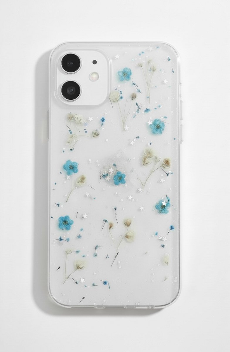 iPhone 14 telefoonhoesje - gedroogde bloemetjes - blauw