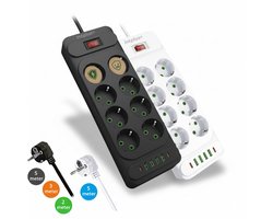 intplus+ Stekkerdoos 8-voudig – 5 Meter – 6 USB (2x USB-C Snelladen) – Overspanningsbeveiliging – Kinderveilig – Schakelaar – 2500W Zwart