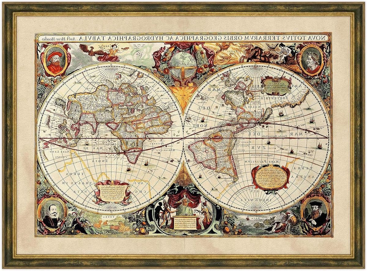 Wereldkaart Print - Antieke Kaart - Decoratie Thuis - Massief Houten Frame - 50 x 70 cm - Klassiek Goud Groen