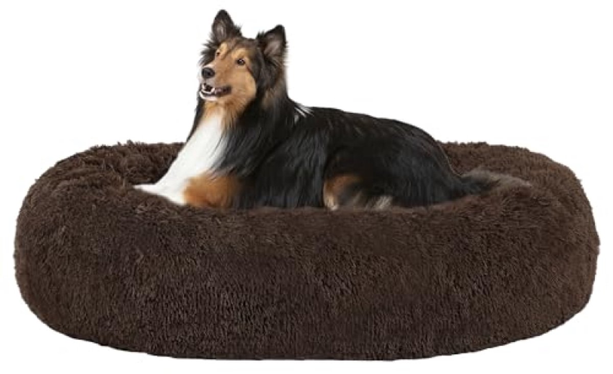 HMTOPE Orthopedisch hondenbed, rond, hondenkussen, hondensofa, kattenbed, donut, knuffelige hondenmand, wasbaar, 80 cm diameter, bruin