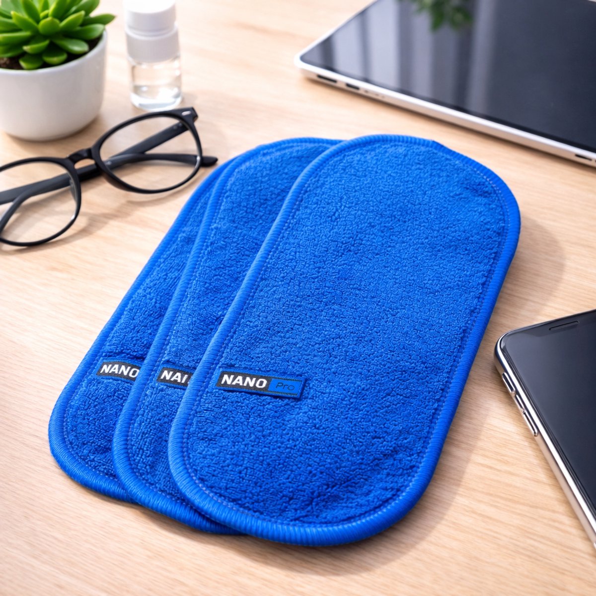 3x Nanopro Brillendoekjes/Nanodoek/Brilpoetsdoekjes/Blauw