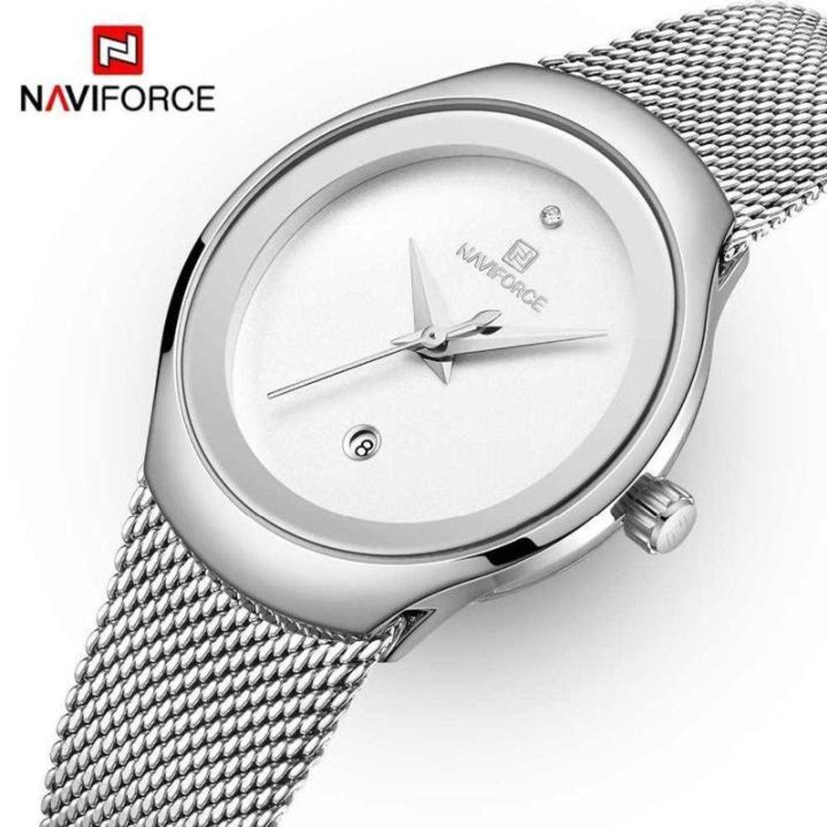 NAVIFORCE horloge met zilveren metalen polsband, witte wijzerplaat en zilveren horlogekast voor dames met stijl ( model 5004 SW )